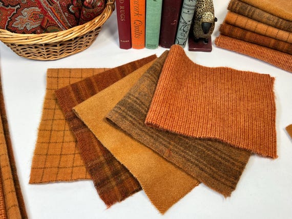 Harvest Oranges, 5) Fat Sixteenths, hand dyed wool for rug hooking and applique, W699, falling leaves, pumpkins, harvest gardens