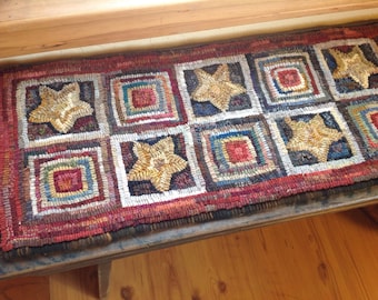 Rug Hooking PATTERN, Stars and Log Cabins Runner, Geometric Design, 12" x 47", P209, Bench Pad, Table Runner, DIY Primitive Rug Hooking