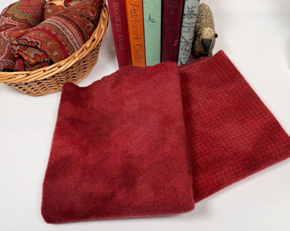 Old World Santa Red, 2 fat quarter yards, hand dyed wool fabric for Rug Hooking and Applique, W790, Barn Red, Autumn Red