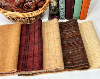 Old World Wool Pack, 5) Fat 1/16ths mill dyed wool fabric for Rug Hooking and Applique, W627, reds, camel, tans, cream wool textures