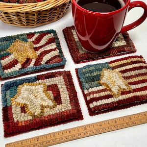 Finished Set of Four, Little Flag Mug Rugs, designed and hooked by Mary Johnson, H108, OOAK primitive rug hooked coasters