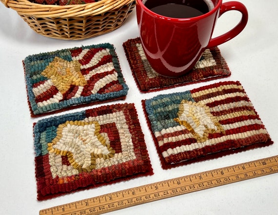 Finished Set of Four, Little Flag Mug Rugs, designed and hooked by Mary Johnson, H108, OOAK primitive rug hooked coasters