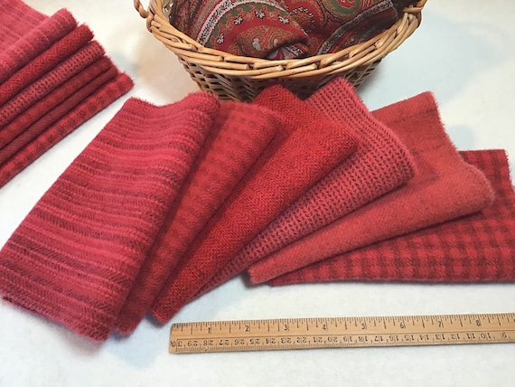 Autumn Apple Reds, 6) fat sixteenths, hand dyed wool bundle for rug hooking and applique, W439, rosy apple reds