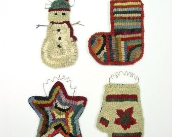 Rug Hooking PATTERN, Four Christmas Ornaments; Star, Mitten, Stocking, Snowman,  P177, DIY Primitive Hooked Ornaments
