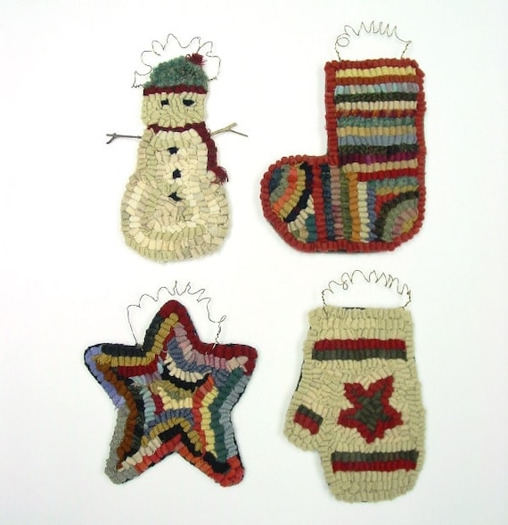 Rug Hooking PATTERN, Four Christmas Ornaments; Star, Mitten, Stocking, Snowman,  P177, DIY Primitive Hooked Ornaments