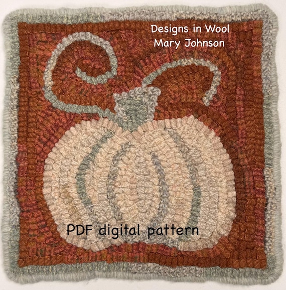 White Pumpkin Mat, 8 x 8 , Hooked Rug Pattern by Mary Johnson (Digital Download)