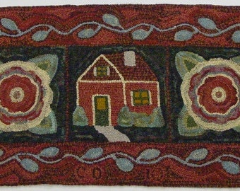 Rug Hooking Pattern, House and Flowers, 20" x 42", P194, Primitive Rug Hooking Design, DIY Folk Art Floral Pattern