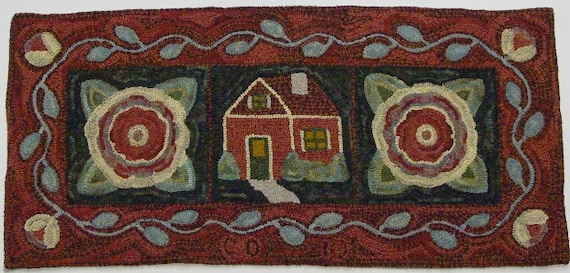 Rug Hooking Pattern, House and Flowers, 20" x 42", P194, Primitive Rug Hooking Design, DIY Folk Art Floral Pattern