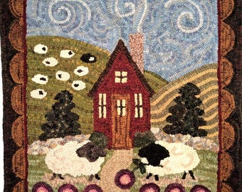 Rug Hooking PATTERN, Sheep in the Meadow, 22" x 26", P130, Folk Art Cottage and Sheep Pattern, Wide Cut Primitive Hooking, DIY