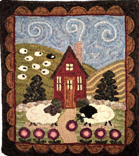 Rug Hooking PATTERN, Sheep in the Meadow, 22" x 26", P130, Folk Art Cottage and Sheep Pattern, Wide Cut Primitive Hooking, DIY