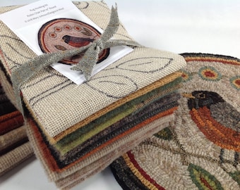 Rug Hooking KIT, Robin Chair Pad or Table Mat 14" Round, K118, Robin Primitive Rug Design, DIY Wide Cut Rug Hooking