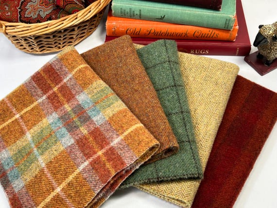 Falling Leaves Wool Bundle, 5) fat eighths, mill dyed wool for Rug Hooking and Applique, W692, autumn colors, pumpkin patch, woodland walk