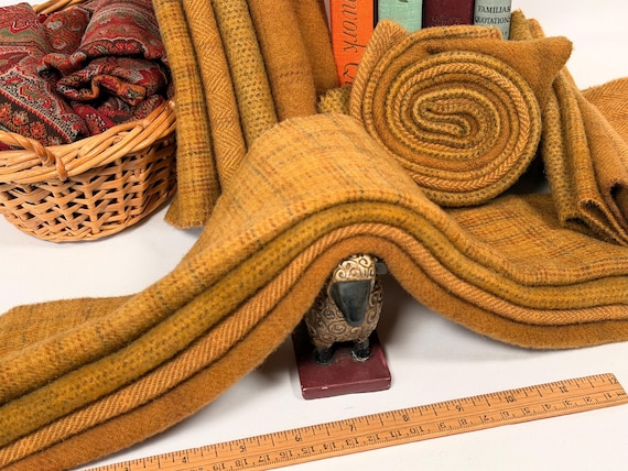 Butterscotch Caramel, 4) fat sixteenths bundle, hand dyed wool for Rug Hooking and Applique, W785, pumpkin pie, brown mustard