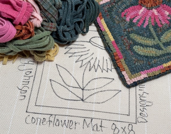 Rug Hooking KIT, Coneflower Mat, 8 x 8, K126, DIY Primitive Rug Hooking Mat, Folk Art Flower