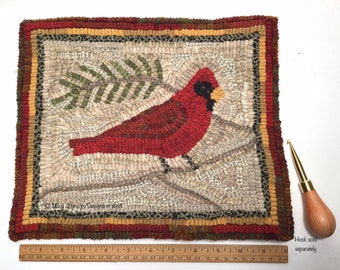 Rug Hooking PATTERN, Red Cardinal 10" x 12", P213,  Folk Art Bird Design, DIY Primitive Rug Hooking