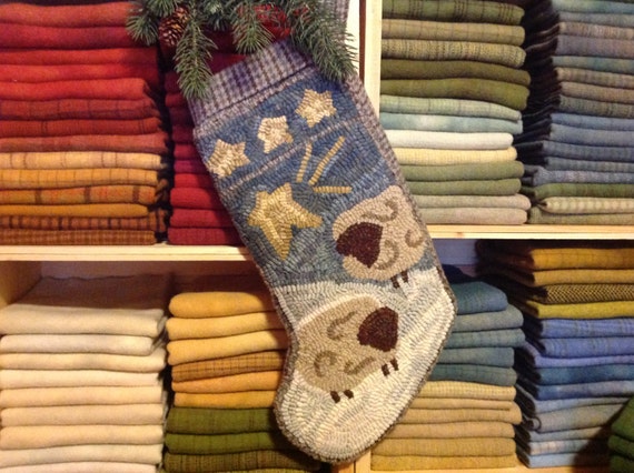 Rug Hooking PATTERN, Two Sheep Stocking, P203, Christmas Hooked Stocking, DIY Primitive Rug Pattern