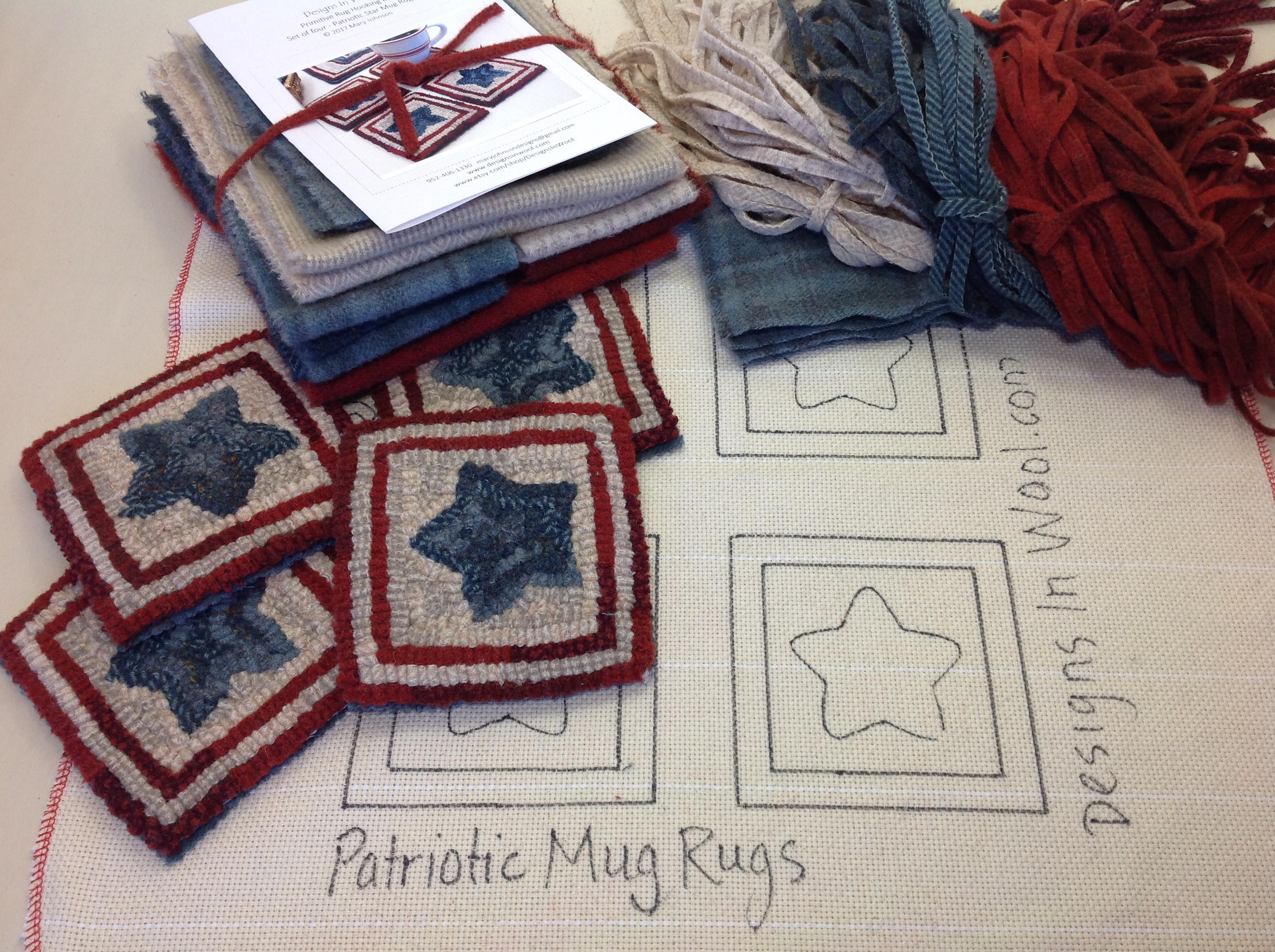 Rug Hooking KIT, Patriotic Star Mug Rugs, K113, DIY Patriotic Kit