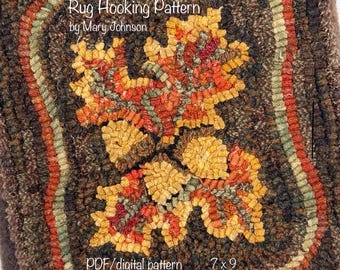 September Leaves 7x9,  Hooked Rug Pattern by Mary Johnson (Digital Download), Primitive floral rug