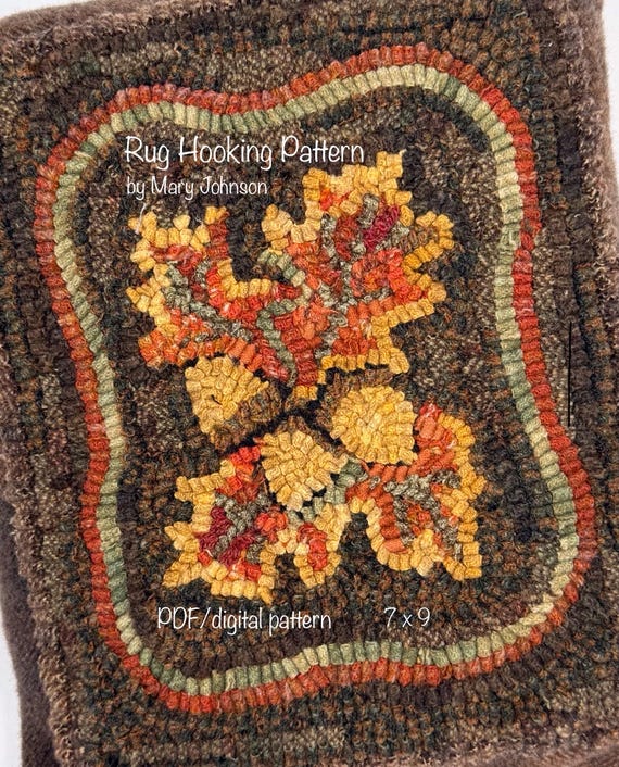 September Leaves 7x9,  Hooked Rug Pattern by Mary Johnson (Digital Download), Primitive floral rug