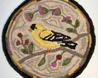 Rug Hooking KIT, Goldfinch Chair Pad or Table Mat 14" Round, K120, Folk Art Goldfinch, DIY Goldfinch Rug, Bird Folk Art