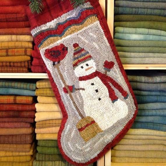 Rug Hooking PATTERN, Snowman and Broom  Stocking, P204, DIY Christmas Stocking, Primitive Rug Design