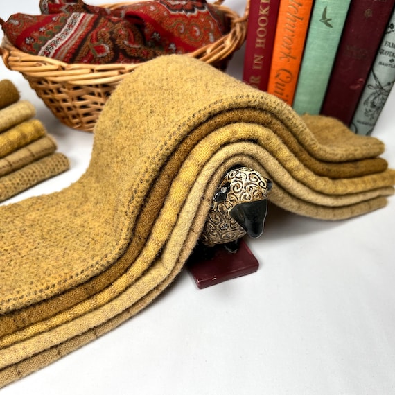 Fields of Gold, 5 fat sixteenths, hand dyed wool fabric for Rug Hooking and Applique, W738, honey gold, mustard, sunflowers, moonlight golds