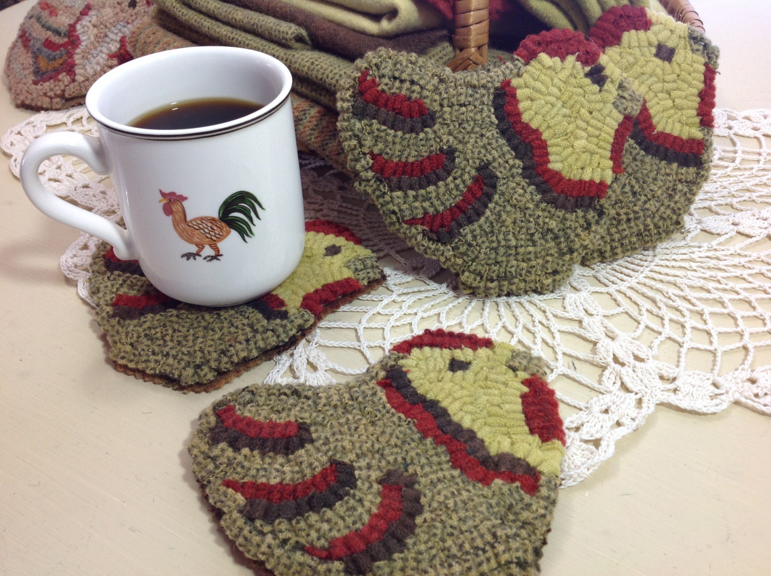 Rug Hooking PATTERN, Chicken Mug Rugs, P104, DIY primitive rug hooking