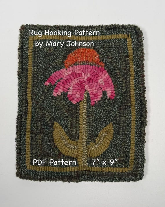 August Coneflower 7x9,  Hooked Rug Pattern by Mary Johnson (Digital Download), Primitive floral rug