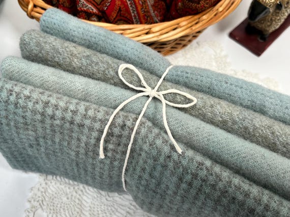 Cloudy Blues Bundle, 4) fat eighths, hand dyed wool fabric for Rug Hooking and Applique, W749, misty blues, dusty blues, gray blues