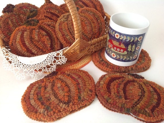 Rug Hooking Pattern, Pumpkin Mug Rugs, P154, DIY Primitive Rug Hooked Pumpkin Coaster