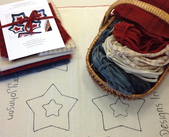 Rug Hooking KIT, Red, White and Blue Mug Rugs, K114, DIY Patriotic Kit, Primitive Rug Hooking, Americana Hooked Stars