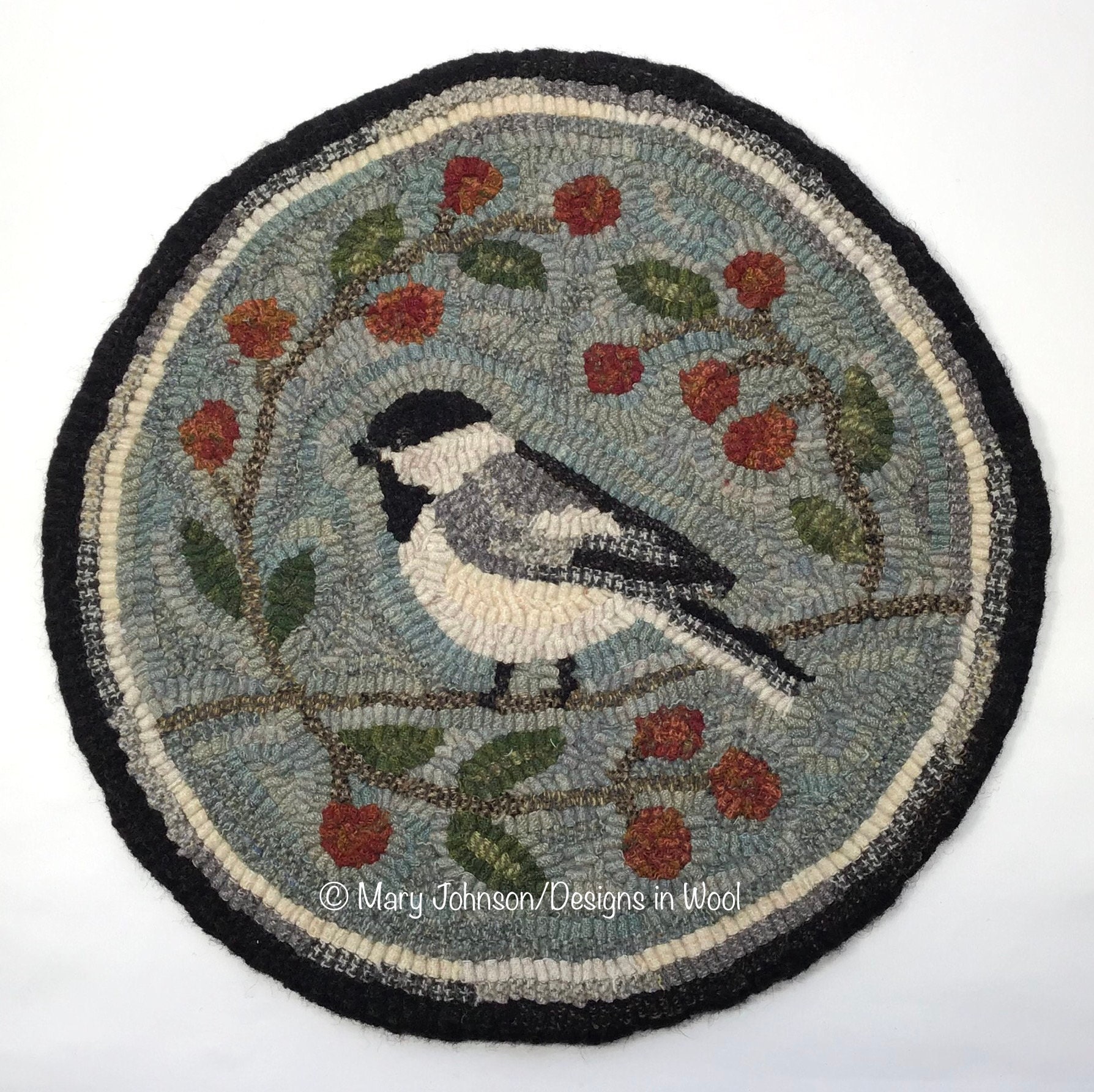 Rug Hooking PATTERN, Black Capped Chickadee Chair Pad or Table Mat 14