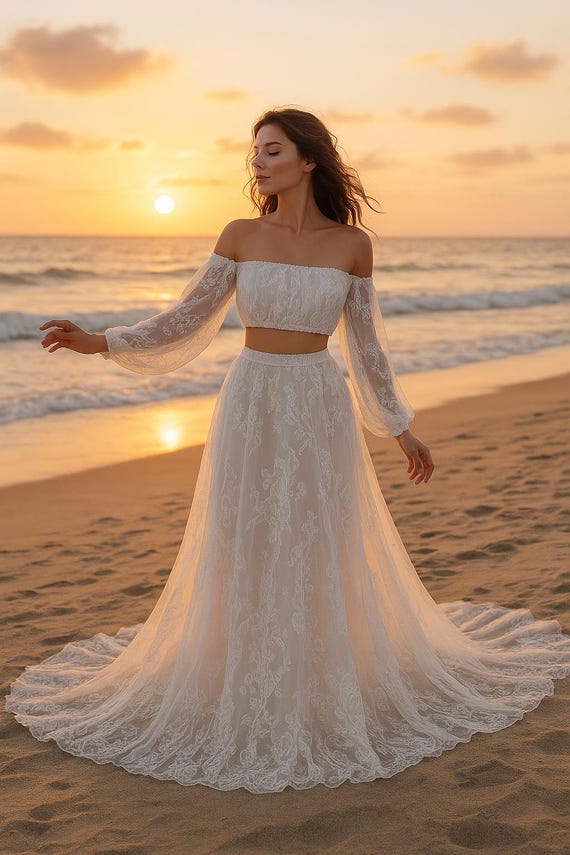 Ivory Lace Two-piece Maternity Dress: Boho Wedding Gown - Etsy Israel
