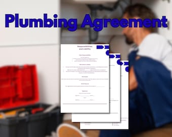 May include: Image of a plumbing agreement with the text "Plumbing Agreement" in blue. The agreement is in front of a blurred image of a plumber working under a sink. A toolbox is visible in the background.