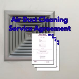 以下が含まれることがあります： 青い文字で「Air Duct Cleaning Service Agreement」と書かれた空気ダクトの画像。その下に、同じタイトルの白い契約書が3枚あります。フォームには、顧客情報と作業範囲のフィールドがあります。