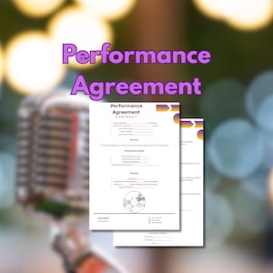 May include: Two white "Performance Agreement" forms with purple and yellow accents. The forms include sections for performance details, services, and payment information. The text "Performance Agreement" is in purple at the top.