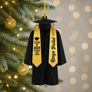 Custom Graduation Ornament 2025 with Name and School, Cap and Gown Christmas Keepsake, Senior Gift for High School or College Grad