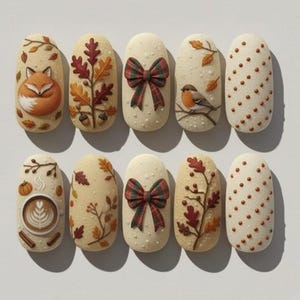 Puede incluir: Un conjunto de diez uñas artificiales con diseños de temática otoñal. Las uñas presentan un zorro, hojas de otoño, un pájaro, un lazo y una taza de café. La paleta de colores incluye beige, marrón, naranja y rojo.