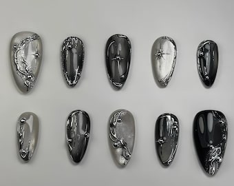 Chrome Press On Nails Black Silver | 3D Gel Abstract Nails | Reusable Handmade Gothic Nails | Ombre Stiletto Coffin Tips