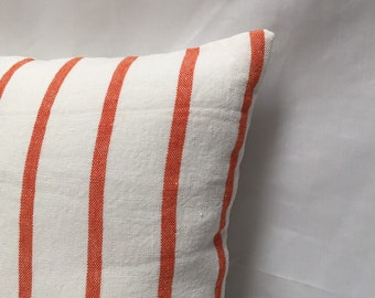 Orange Stripe Pillow Cover on White Linen - Designer Pillow Cover - 16 x 17