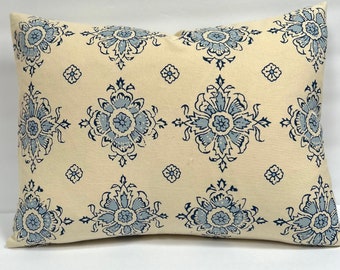 Blue Floral Pillow Covers - 12 x 17” Geometric Block Print Global Design