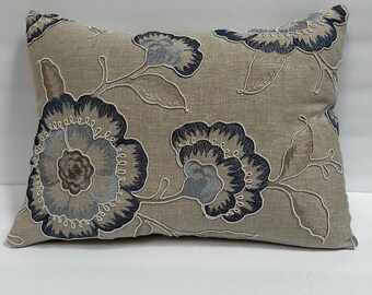 12 x 16” Linen Floral Pillow Covers - Blue Embroidery Flowers - Clarke and Clarke
