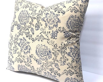 16“ Blue Floral Pillow Covers - Cotton Block Print - Geometric Global Design - Decorator Fabric