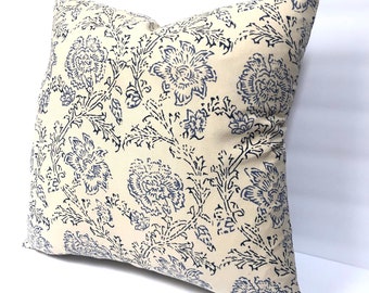 16” Blue Block Print Pillow Cover on Cream -   Blue - Cream - 2 Of A Kind