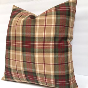 Plaid Designer Pillow Cover - Ralph Lauren Holt Plaid - Tan - Red - Green - White - Multiple Sizes