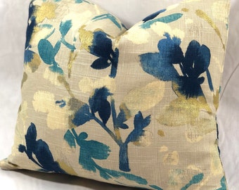 Designer Pillow Cover - 17 x 15 - Multicolor Floral on Linen - Deep Blue - Turquoise - Gold