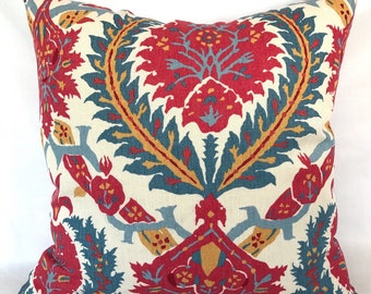 Designer Pillow Cover - Brunschwig and Fils - Zenobia Linen - Pompeian Blue Red Cream Gold