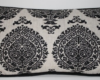 12 x 24” Linen Damask Pillow Covers - Black Block Print on Beige - Black Velvet Back