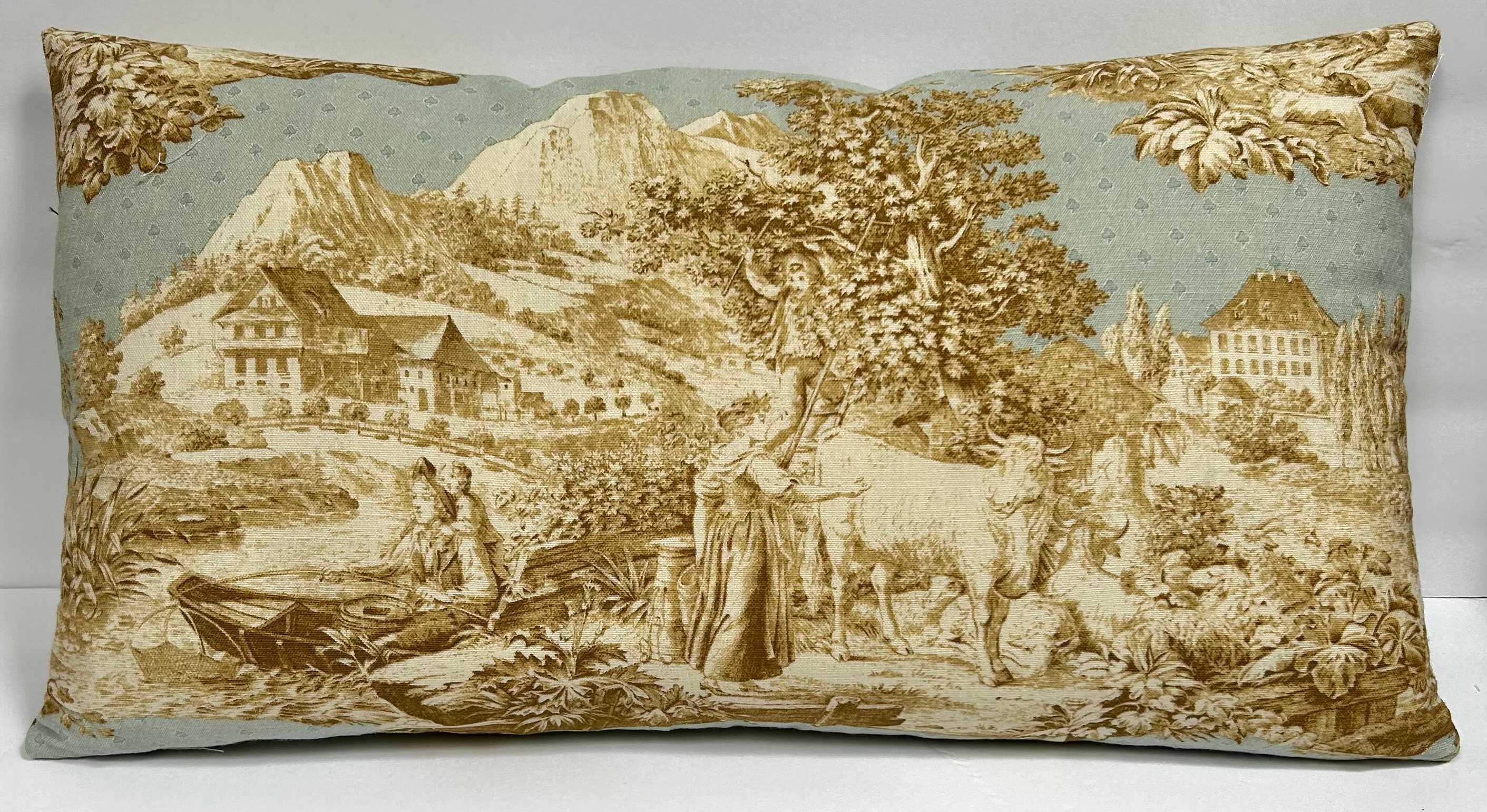 12” X 22” French Country Toile Pillow Cover - Pastoral Toile - Blue - Cream  - Brown - Etsy, image size:2822x1542