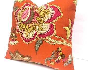 16” Orange Floral Pillow Covers - Jacobean - Orange - Red - Gold - Cream - Blue